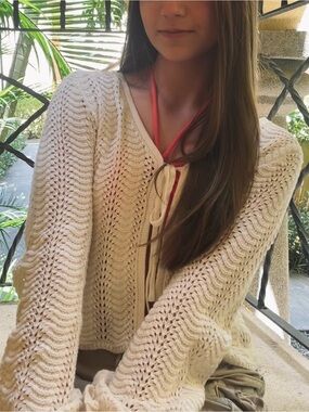 Pink Rose White Open-Weave Tie-Front Cropped Sweater